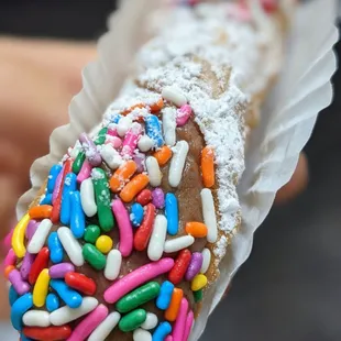 Chocolate cream with rainbow sprinkles, cause it&apos;s fun