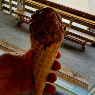 Chocolate ice cream in a waffle cone