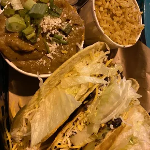 Three taco platter - Bean &amp; Cheese, Chicken, and the notorious Vegan Taco.
