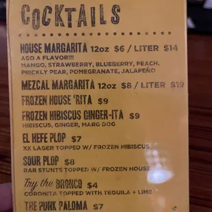 Cocktail menu at the bar