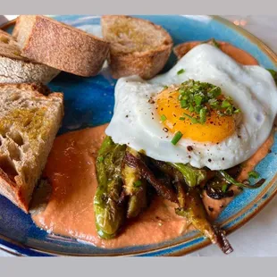 Shishito &amp; mushrooms in romesco w. sunny egg