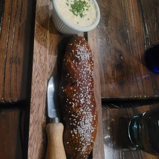 Soft pretzel made with challah, with beer cheese