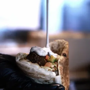 a hand holding a pita sandwich