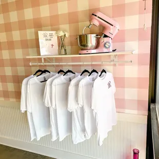 a display of clothing and a mixer
