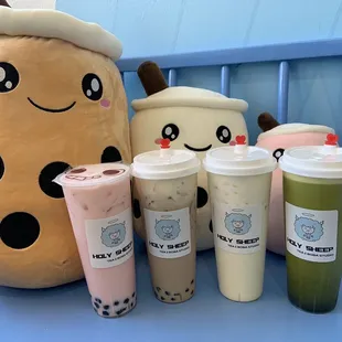 Right to left: rose milk tea, lavender, oolong, and green thai tea