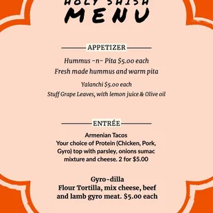 The new 2023 menu for Holy Shish.