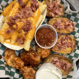 Pick 3 appetizer potato skins, bacon cheese fries, &amp; boneless wings