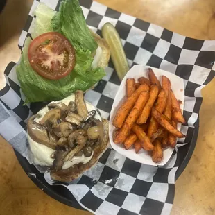 Mushroom Swiss burger &amp; sweet potato fries