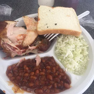 Chicken plate with slaw and baked beans at Holy Smoke BBQ - delicious!