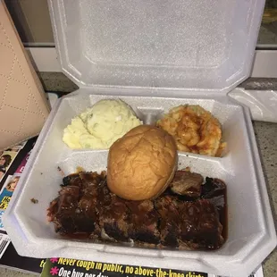 Potato salad, Mac and cheese, chopped brisket. Delicious