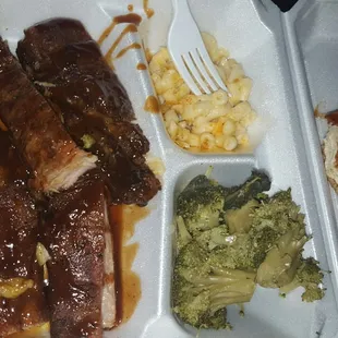 Broccoli and ribs better than your mom makes.