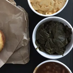 Mac n Cheese, Greens and Baked Beans