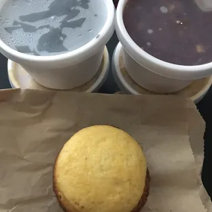 Sides packaged with corn bread.