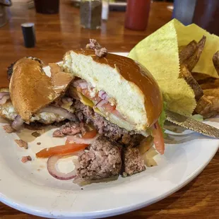 3/4 lb burger and fries.  Great lunch for ~$14.00 including drink.
