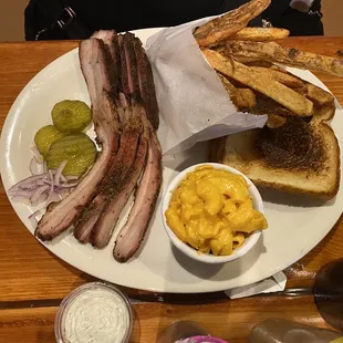Pork Belly, Mac-n-cheese, fries and cold toast