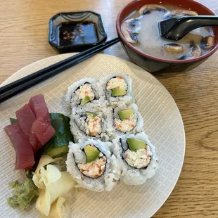 California roll, bluefin sashimi, lion's mane mushroom miso
