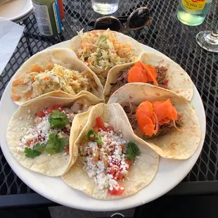 Amazing taco selection: 12 Hour Roasted Pork Shoulder, Fried Sword Fish, Grilled Gulf Shrimp