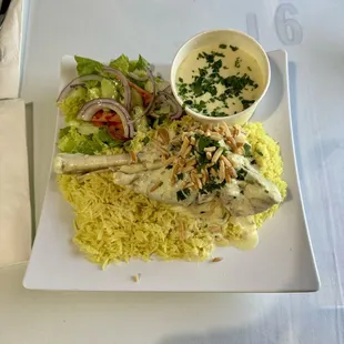 Mansaf lamb shank with rice salad and yogurt sauce