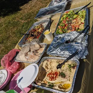 hummus, pita, falafel, salad, eggplant