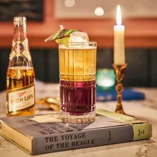 a glass of alcohol and a book on a table