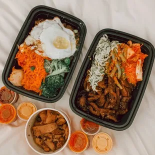 Half and half order of steak and braised beef + fried egg and Firecracker Pork. Side of Barbecue Chicken.