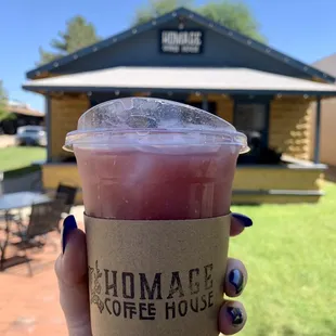 Medium Elderberry Hibiscus Iced Tea with Coconut Milk and half-sweet with Agave