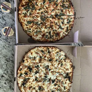 Top- margarita pizza Bottom- chicken Alfredo pizza