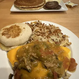 Big English Muffin, Crispy Hash Browns!  I asked to smother the omelette with green chile!  So good!