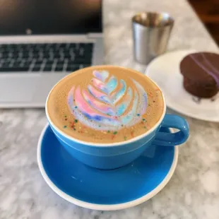 Birthday cake latte and ube mochi cupcake