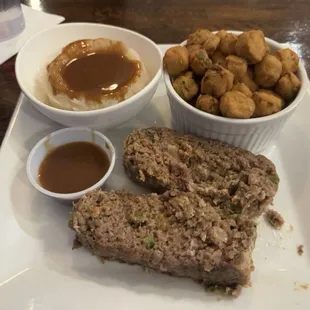 Captain's Meatloaf, fried okra, mashed potatoes