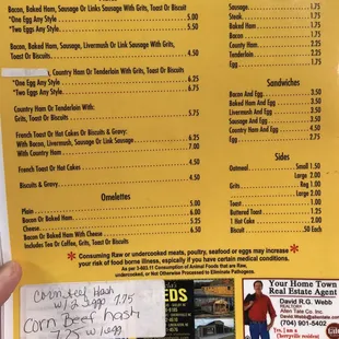 Inside of menu left side. The daily specials and sides change everyday. (Little white notes)