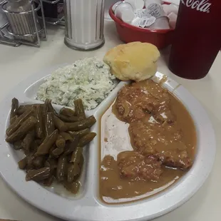 Country style steak, green beans, coleslaw,  and biscuit