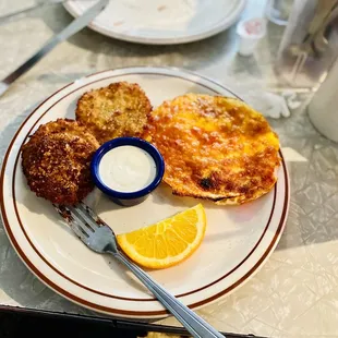 Side of Fried Green Tomatoes &amp; a fried egg with cheese on top