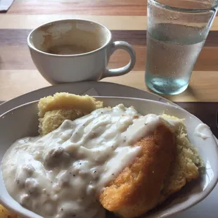 Biscuits and gravy with a latte