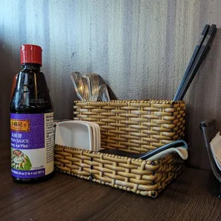 a basket of utensils and spoons