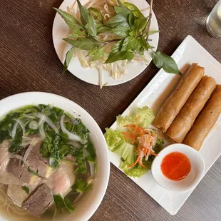 Beef pho and eggrolls