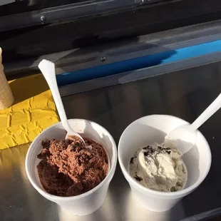 Small rocky road, kid's size cookies and cream (cup placed in larger cups for to-go orders)