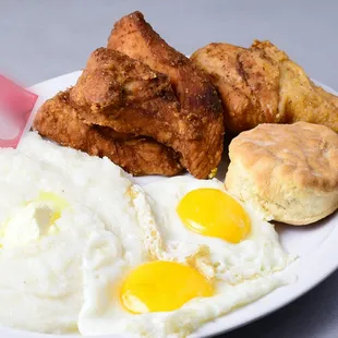 Kim's Creation (1 Chicken Breast, 1 Leg or Wing, 2 Eggs, Grits and Fluffy Biscuit)