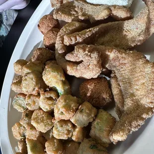 Fried Catfish, fried okra, and hushpuppies