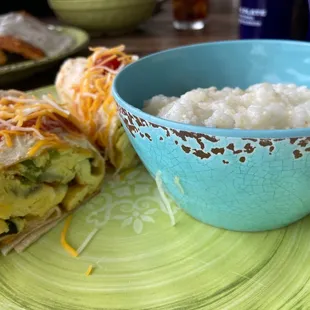Breakfast burrito and grits