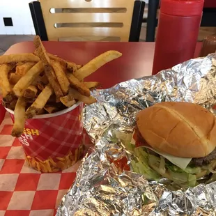 a hamburger and french fries