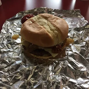 Bacon Double Cheeseburger with grilled onions and pepper jack cheese