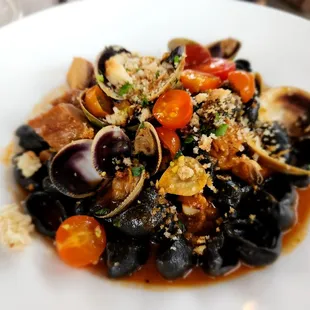 Squid Ink Orecchiette with Clams, Pork Belly and Tanuki fermented jalapeno miso broth