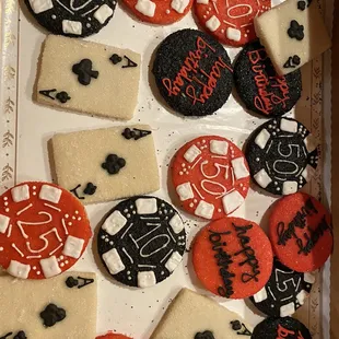 a tray of decorated cookies
