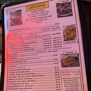 a menu for appetizers