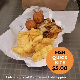 a basket of fried potatoes and hush puppies