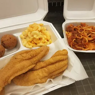 a meal in a styrofoam container