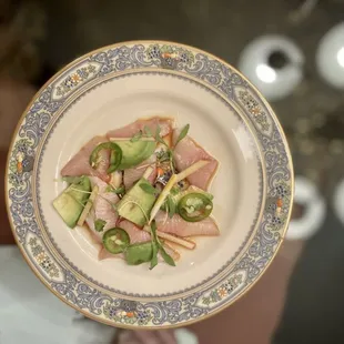Japanese Wild Caught Amberjack Crudo with avocado, sweetango apple, jalapeño, fresh ponzu and coriander