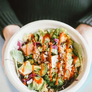 Our Spicy Braised Tofu bowl is the answer to your &quot;try new things&quot; resolution topped with miso lime dressing &amp; a sriracha drizzle