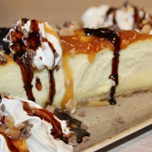 The cheesecake was light and creamy, drizzled with chocolate and caramel and topped with satisfying, crunchy bits of toffee and chocolate.